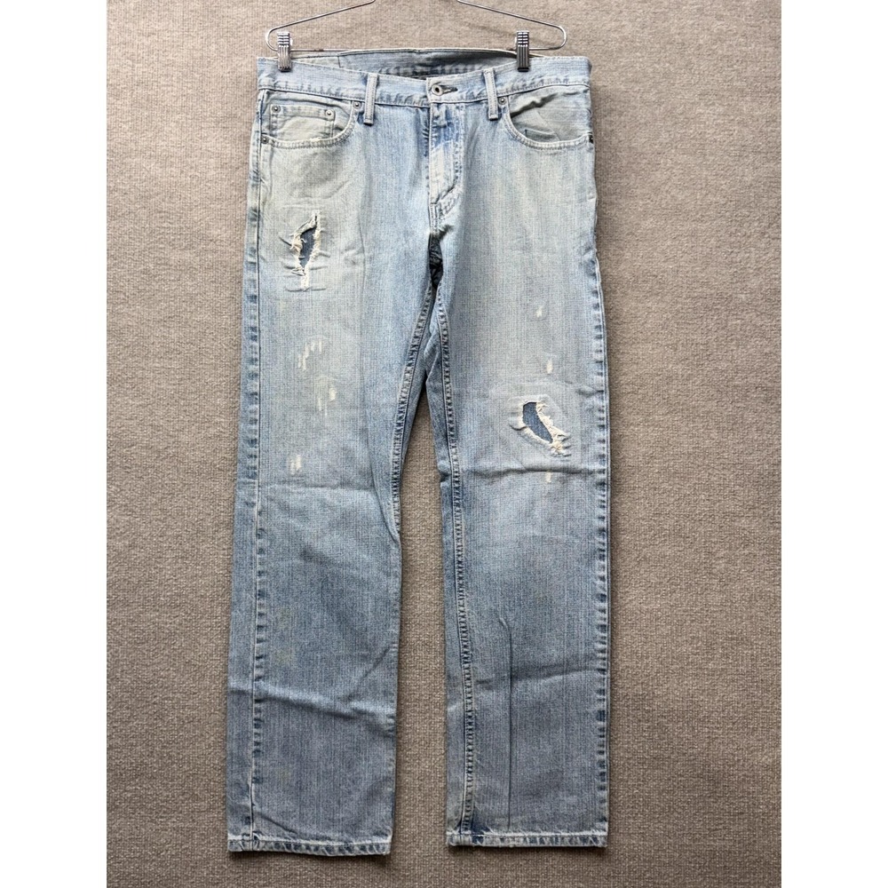 Levis 514 Straight Fit Jeans Mens 34x32 Light Wash Distressed Blue Denim
